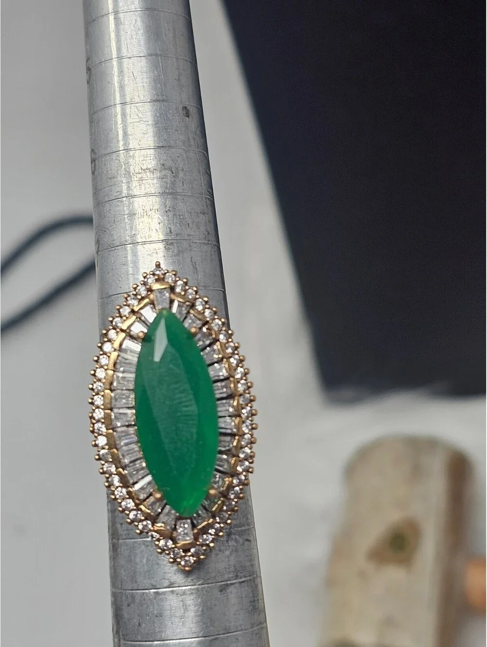 925 Silver Two Tone Green Marquise CZ Halo Cocktail Ring 9